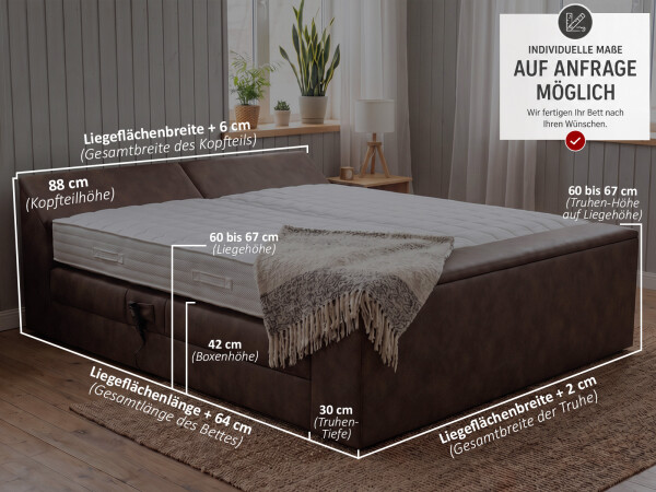 Boxspringbett elektrisch verstellbar (10.000 Newton Leistung je Motor) und mit Kopfteil- und Fußteiltruhe - Modell Dubai GM - alle Größen, alle Farben, Konfigurator
