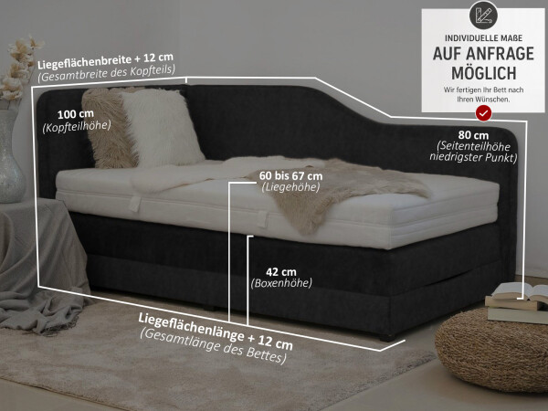 Boxspringbett mit Bettkasten und Seitenwand - Modell Alexandria K mit Seitenteil - alle Größen, alle Farben, Konfigurator