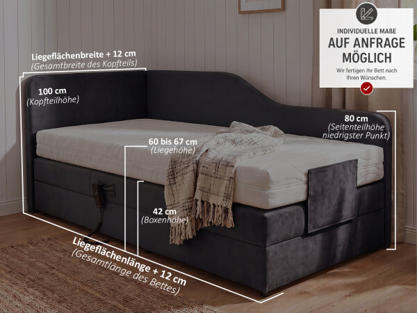 Boxspringbett elektrisch verstellbar (10.000 Newton Leistung je Motor) - Modell Alexandria GM mit Seitenteil - alle Größen, alle Farben, Konfigurator