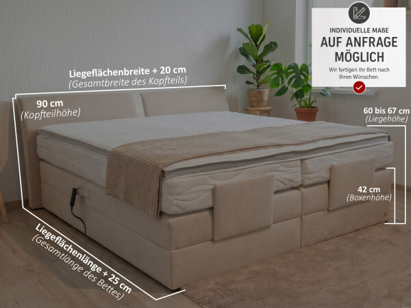 Boxspringbett elektrisch verstellbar (10.000 Newton Leistung je Motor) - Modell Dallas III GM - alle Größen, alle Farben, Konfigurator