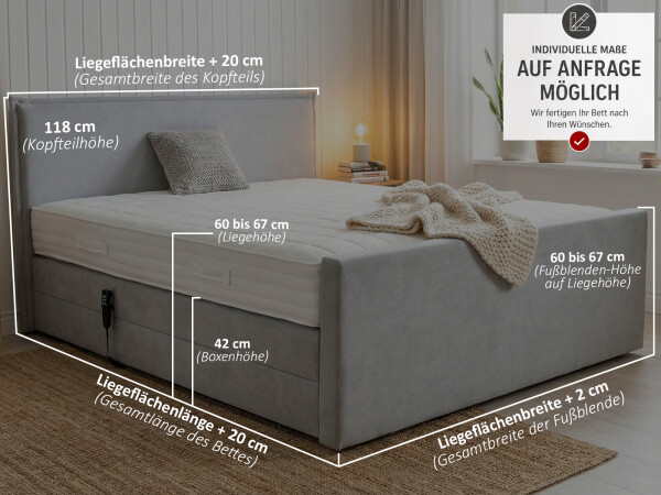 Boxspringbett 90x190 elektrisch verstellbar mit Fußteil - Modell Madrid GM mit Fußblende - 10.000 Newton Leistung je Motor - Einzelbett (1 Box á 90 cm x 190 cm, Höhe ca. 42 cm)