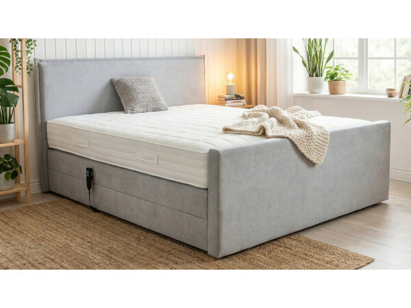 Boxspringbett 90x190 elektrisch verstellbar mit Fußteil - Modell Madrid GM mit Fußblende - 10.000 Newton Leistung je Motor - Einzelbett (1 Box á 90 cm x 190 cm, Höhe ca. 42 cm)