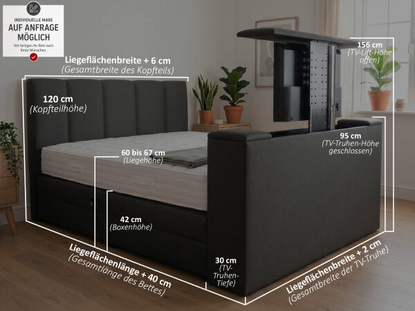 Boxspringbett elektrisch verstellbar (10.000 Newton Leistung je Motor) mit TV Lift - Modell Chicago 120GM mit TV-Lift - alle Größen, alle Farben, Konfigurator