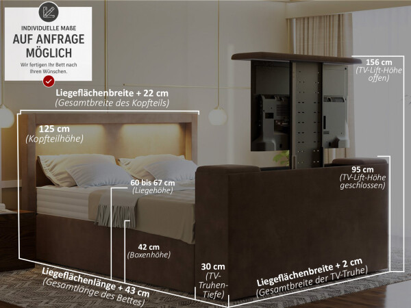 Boxspringbett mit TV Lift und LED Beleuchtung - Modell Barcelona mit TV-Lift - alle Größen, alle Farben, Konfigurator