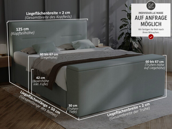 Boxspringbett mit Truhe - Modell Kreta mit Fußtruhe - alle Größen, alle Farben, Konfigurator