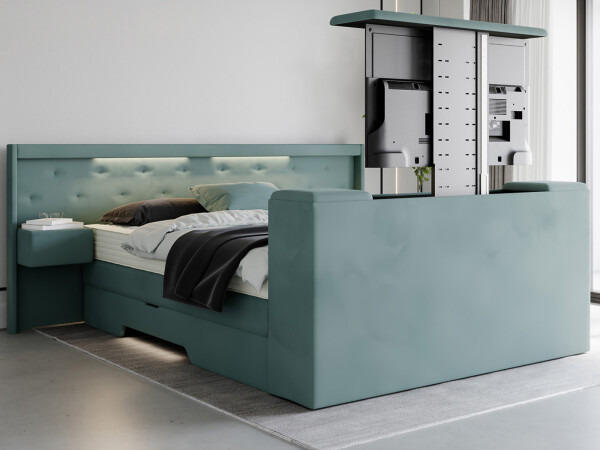 Boxspringbett mit Bettkasten und Nachttischen und TV Lift und mit LED Beleuchtung - Modell Paris Night K mit TV-Lift und Nachttischen - alle Größen, alle Farben, Konfigurator