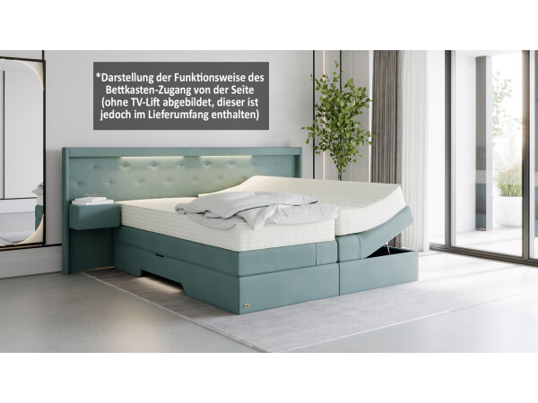 Boxspringbett mit Bettkasten und Nachttischen und TV Lift und mit LED Beleuchtung - Modell Paris Night K mit TV-Lift und Nachttischen - alle Größen, alle Farben, Konfigurator