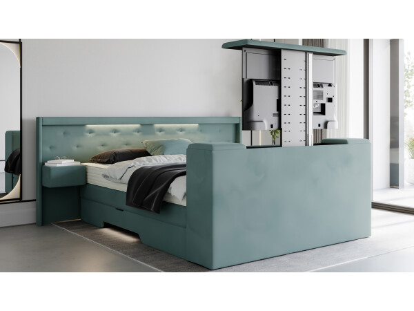 Boxspringbett mit Bettkasten und Nachttischen und TV Lift und mit LED Beleuchtung - Modell Paris Night K mit TV-Lift und Nachttischen - alle Größen, alle Farben, Konfigurator