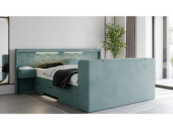 Boxspringbett mit Bettkasten und Nachttischen und TV Lift und mit LED Beleuchtung - Modell Paris Night K mit TV-Lift und Nachttischen - alle Größen, alle Farben, Konfigurator