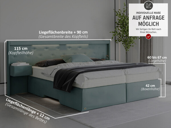Boxspringbett mit Nachttischen und LED Beleuchtung - Modell Paris Night mit Nachttischen - alle Größen, alle Farben, Konfigurator