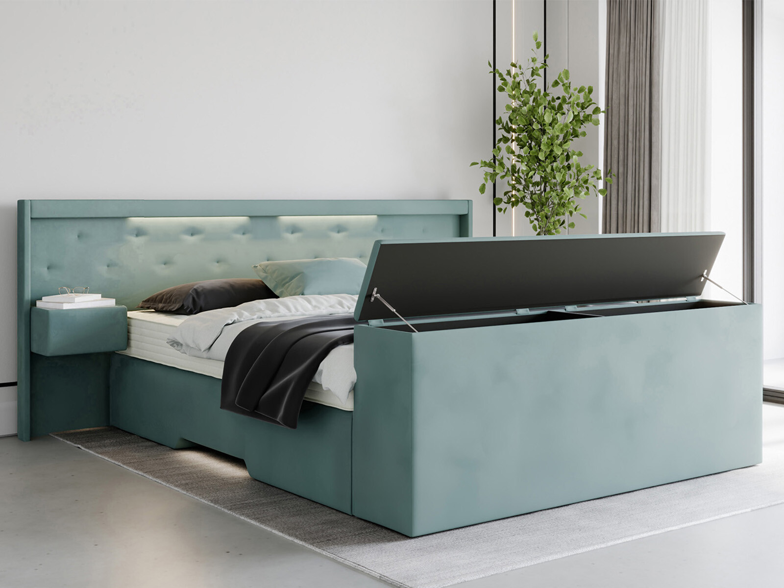 Boxspringbett mit LED-Beleuchtung + Nachttische + Truhe