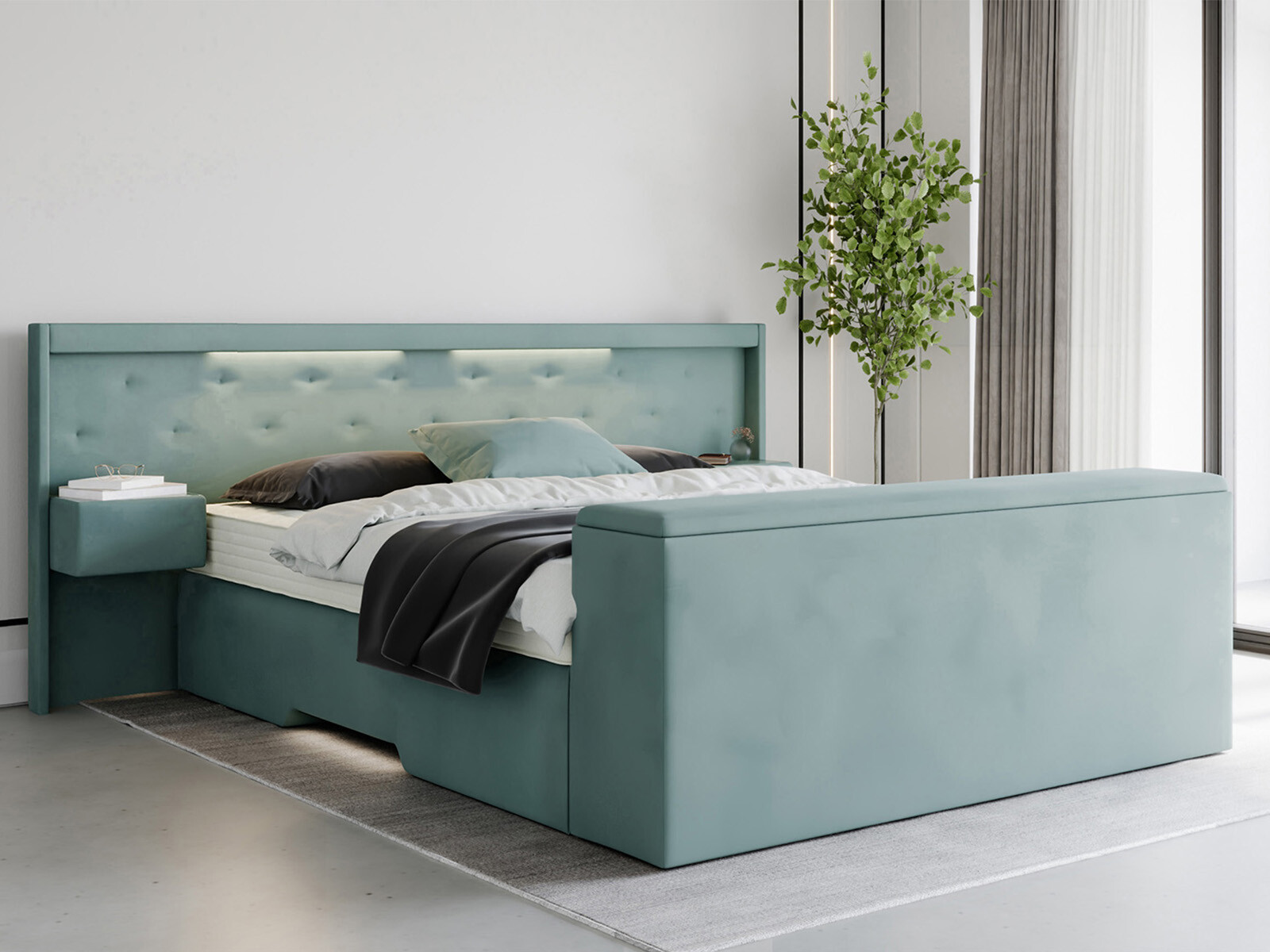 Boxspringbett mit LED-Beleuchtung + Nachttische + Truhe