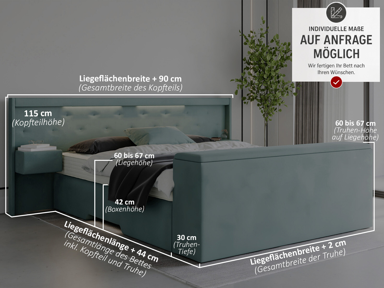 Boxspringbett mit LED-Beleuchtung + Nachttische + Truhe