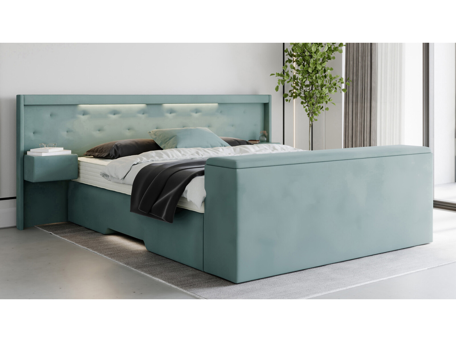Boxspringbett mit LED-Beleuchtung + Nachttische + Truhe