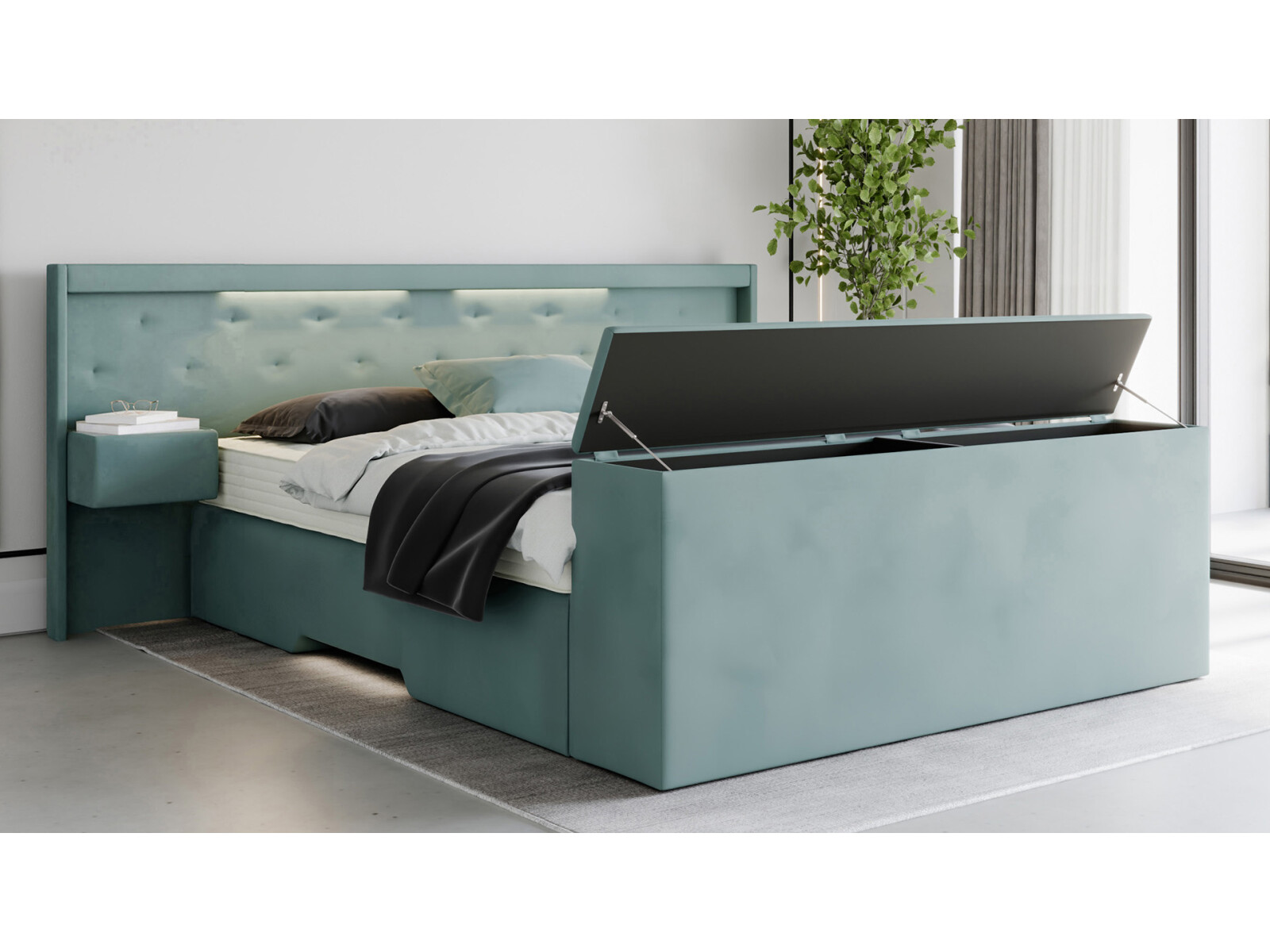 Boxspringbett mit LED-Beleuchtung + Nachttische + Truhe