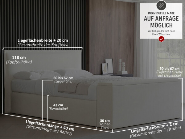 Boxspringbett mit Truhe - Modell Madrid mit Fußtruhe - alle Größen, alle Farben, Konfigurator
