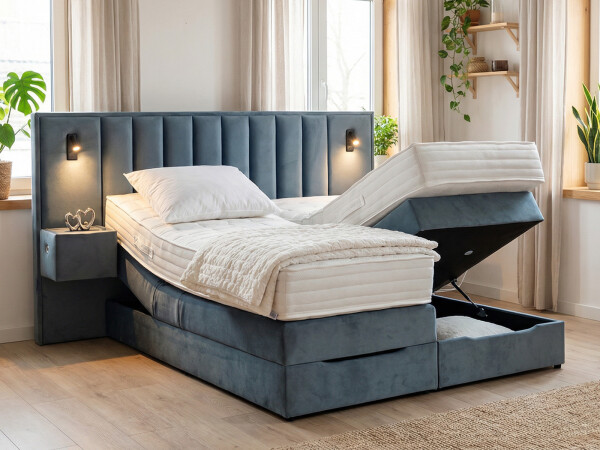 Boxspringbett mit Bettkasten und Nachttischen mit integrierten USB/C Hub und LED Beleuchtung - Modell Mailand K mit Nachttischen - alle Größen, alle Farben, Konfigurator
