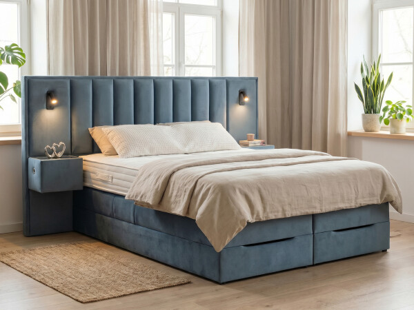 Boxspringbett mit Bettkasten und Nachttischen mit integrierten USB/C Hub und LED Beleuchtung - Modell Mailand K mit Nachttischen - alle Größen, alle Farben, Konfigurator
