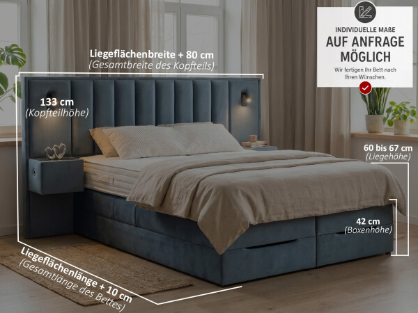 Boxspringbett mit Bettkasten und Nachttischen mit integrierten USB/C Hub und LED Beleuchtung - Modell Mailand K mit Nachttischen - alle Größen, alle Farben, Konfigurator