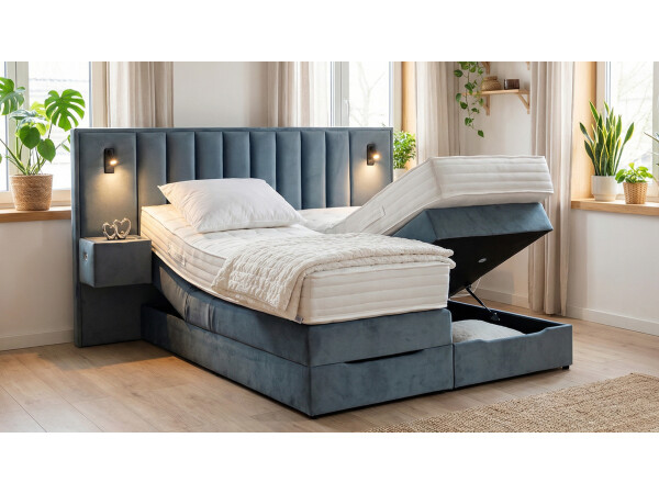 Boxspringbett mit Bettkasten und Nachttischen mit integrierten USB/C Hub und LED Beleuchtung - Modell Mailand K mit Nachttischen - alle Größen, alle Farben, Konfigurator