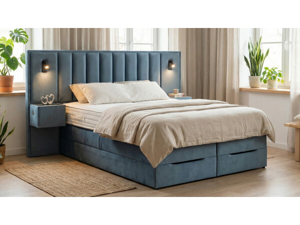 Boxspringbett mit Bettkasten und Nachttischen mit integrierten USB/C Hub und LED Beleuchtung - Modell Mailand K mit Nachttischen - alle Größen, alle Farben, Konfigurator