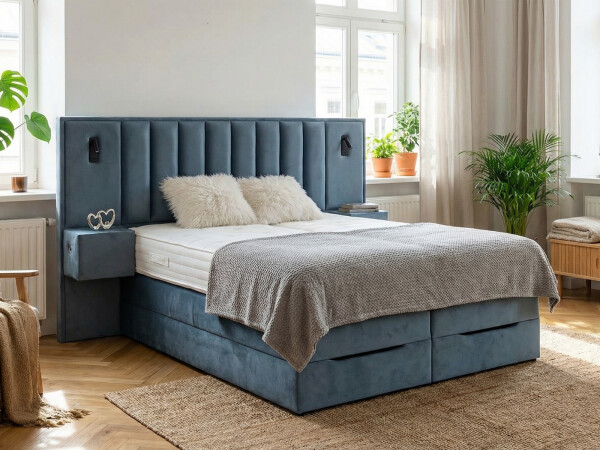 Boxspringbett mit Bettkasten und Nachttischen mit integrierten USB/C Hub und LED Beleuchtung - Modell Mailand K mit Nachttischen - alle Größen, alle Farben, Konfigurator