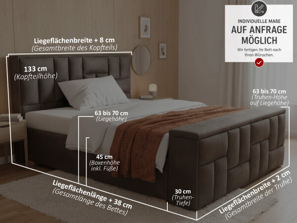 Boxspringbett mit Truhe - Modell Nevada mit Fußtruhe in Optik des Kopfteils - alle Größen, alle Farben, Konfigurator