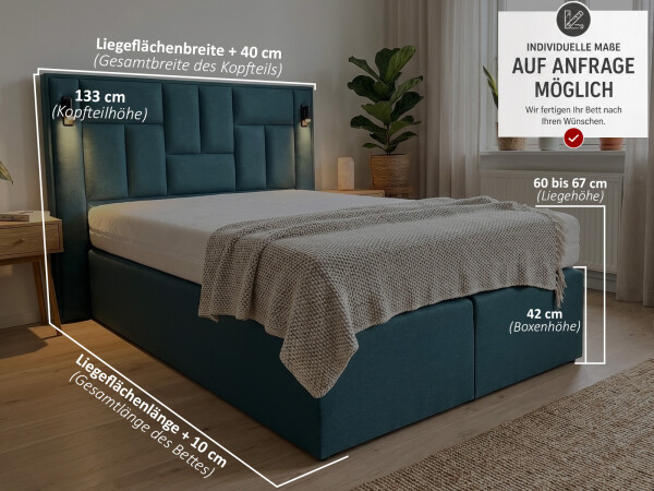 Boxspringbett mit LED-Lampen - Modell Nevada Light - alle Größen, alle Farben, Konfigurator