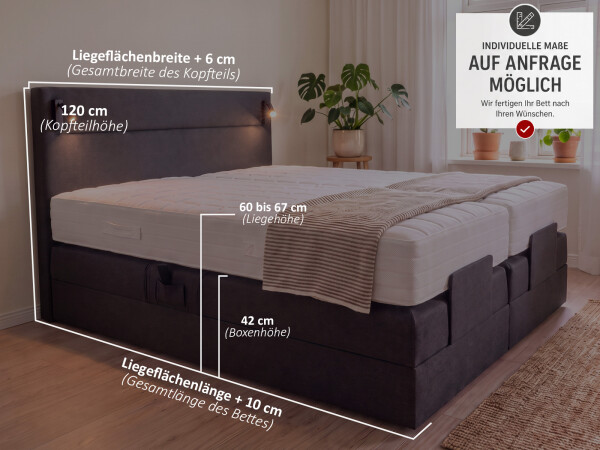 Boxspringbett elektrisch verstellbar (10.000 Newton Leistung je Motor) mit LED Lampen - Modell Kairo Light GM - alle Größen, alle Farben, Konfigurator